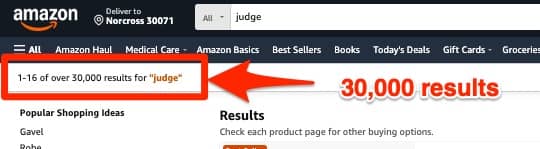 Amazon search results for judge showing 30,000 results