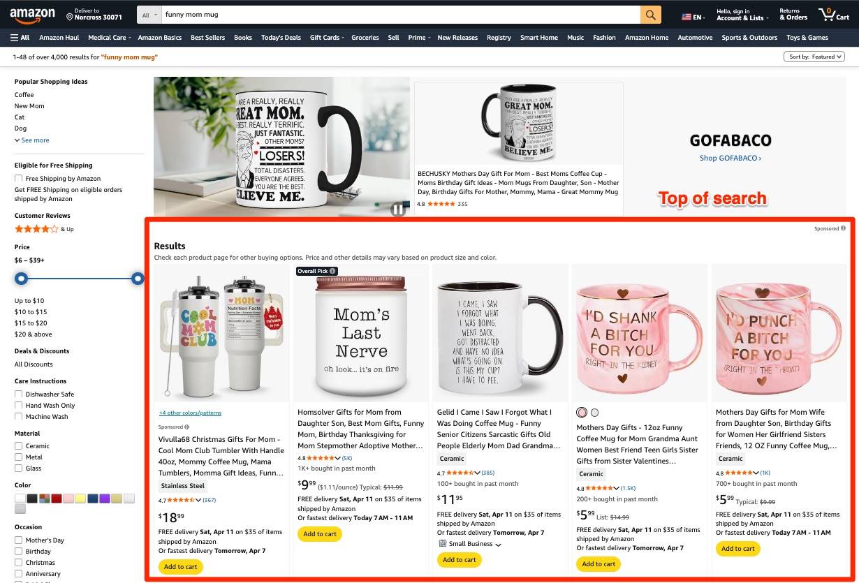 Amazon Ads Top of Search placement