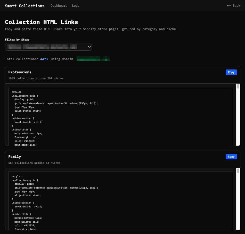 Six HTML code blocks for different categories
