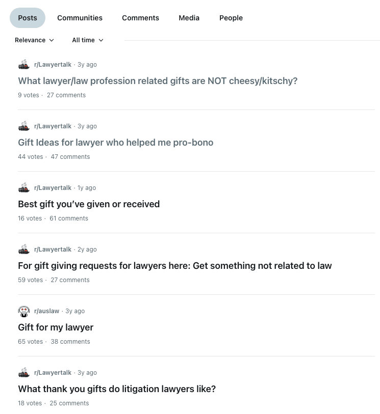 Reddit search results for lawyer gifts